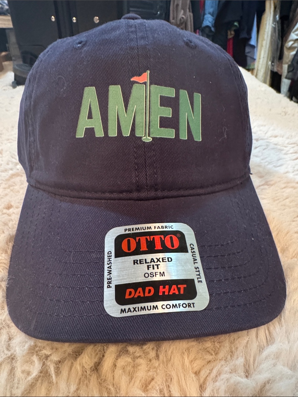 Amen corner hat OTTO Navy Dad Hat with Green AMEN Graphic and Small Red Flag
